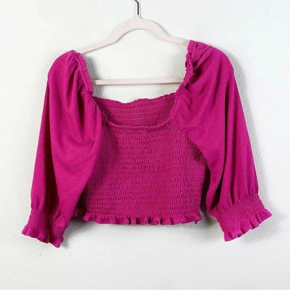 Free People Brenyce smocked  Boho top blouse ruffled sleeves jungle flower SZ M